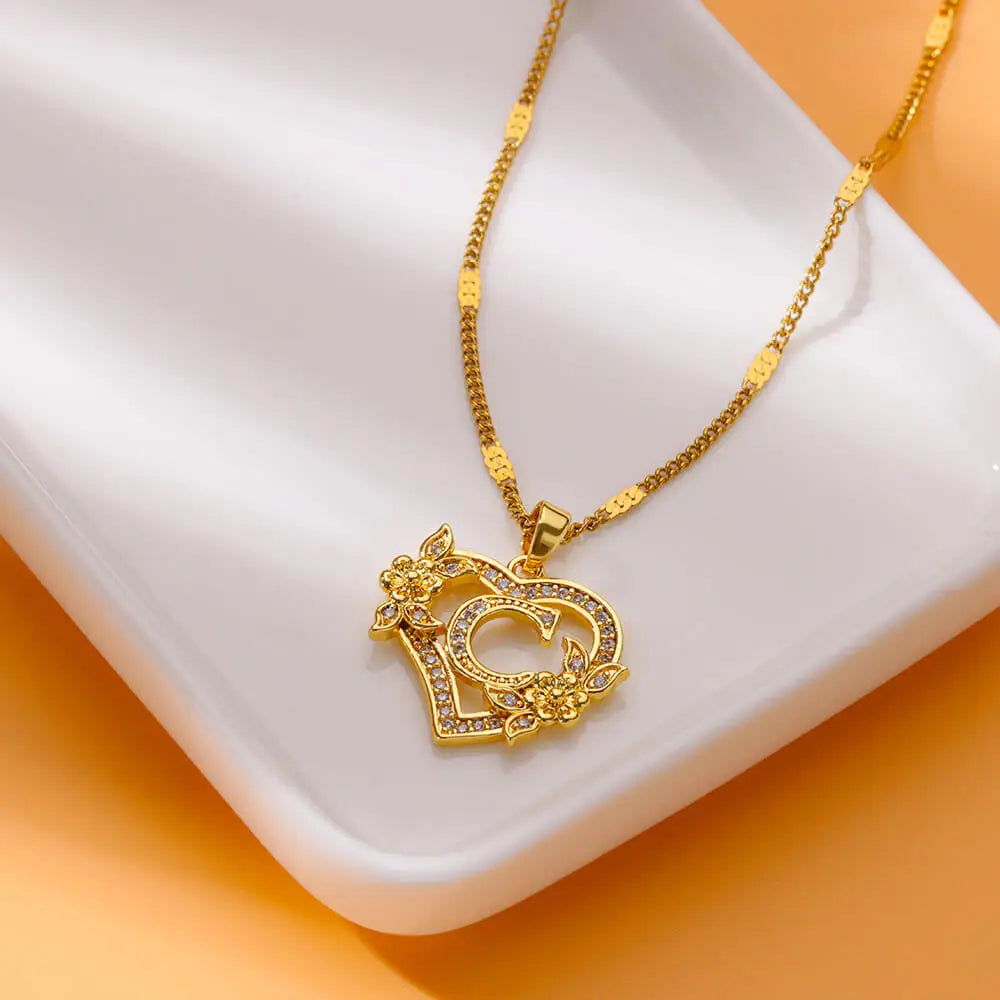 Floral Heart Initial Necklace