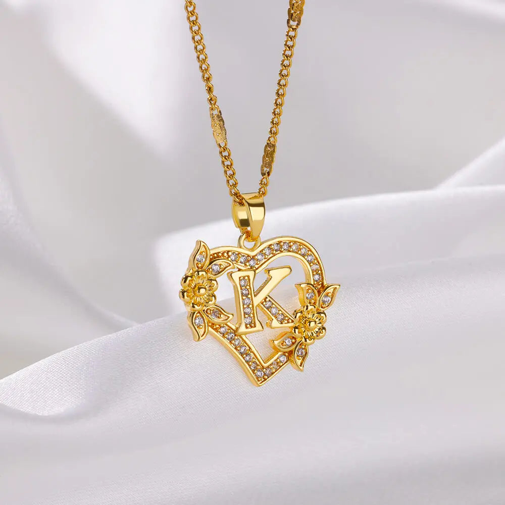 Floral Heart Initial Necklace