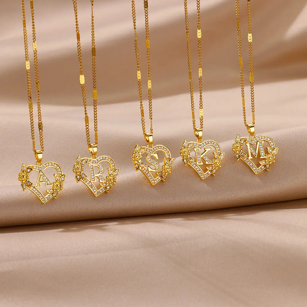 Floral Heart Initial Necklace