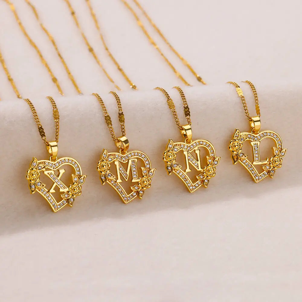 Floral Heart Initial Necklace